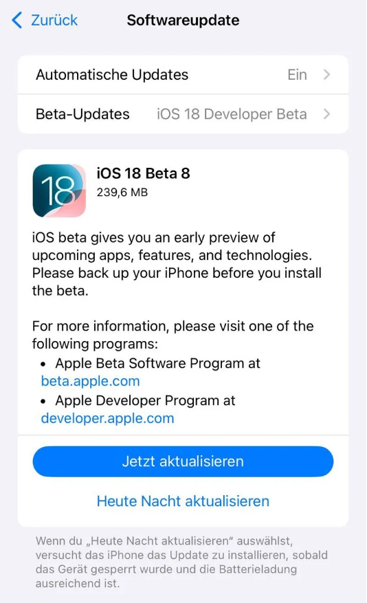 歙县苹果手机维修分享苹果 iOS / iPadOS 18 开发者预览版 Beta 8 发布 